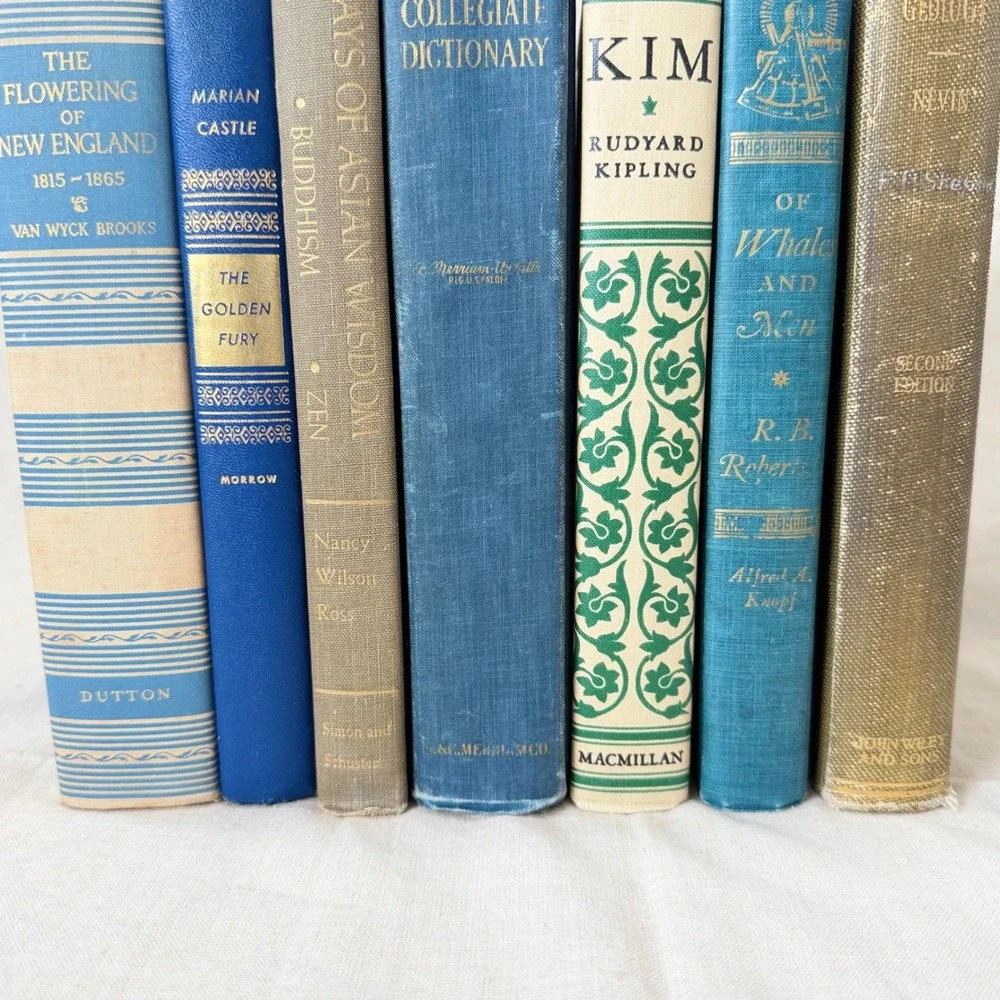 Vintage Blue and Neutral Decorative Book Bundle Set of 7 Hardcover Books Decor